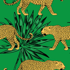 vector leopards in colorful tropical flowers seamless background.