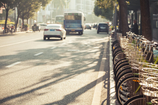 Fototapeta Public and private bicycles at bicycle parking spot  city of Shenzhen, People's republic of China