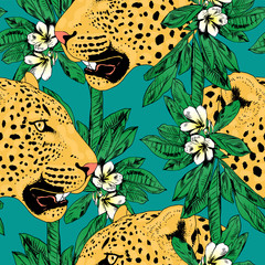  leopards in colorful tropical flowers seamless background.