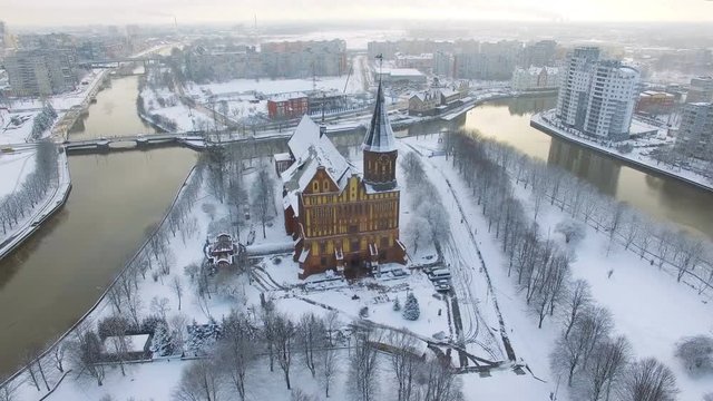 The Cathedral of Kaliningrad in the winter morning, aerial view