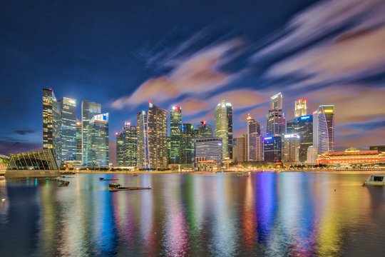 Singapore skyline, view of Singapore city at night in Singapore.