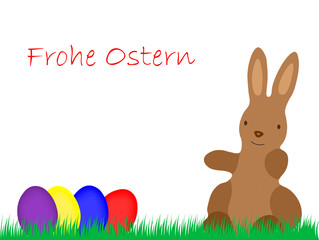 Frohe Ostern – Osterhase mit Eiern auf einer Wiese