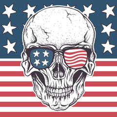 American skull in sunglasses on USA flag