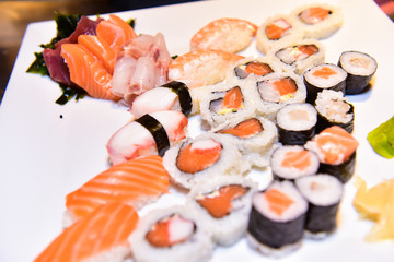Great dish with Different Types of sushi and sauces. Japanese food