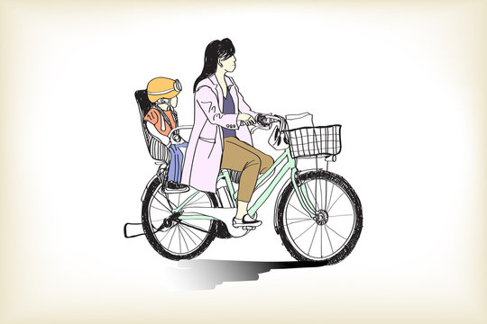 riding bicycle mom and boy, free hand drawing, vector and illustration
