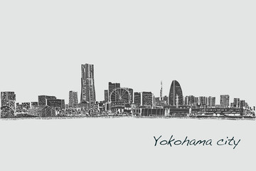 city scape skyline of Yokohama in Japan free hand drawing, vector and illustration - obrazy, fototapety, plakaty