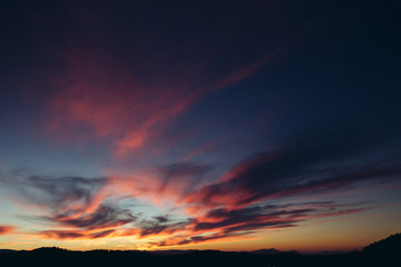 Fototapeta premium Beautiful red sunset over the field and forest