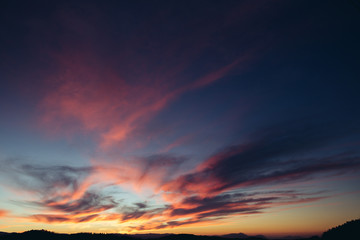 Fototapeta premium Beautiful red sunset over the field and forest