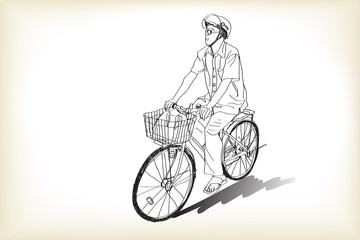 riding bicycle to market, free hand drawing, vector and illustration