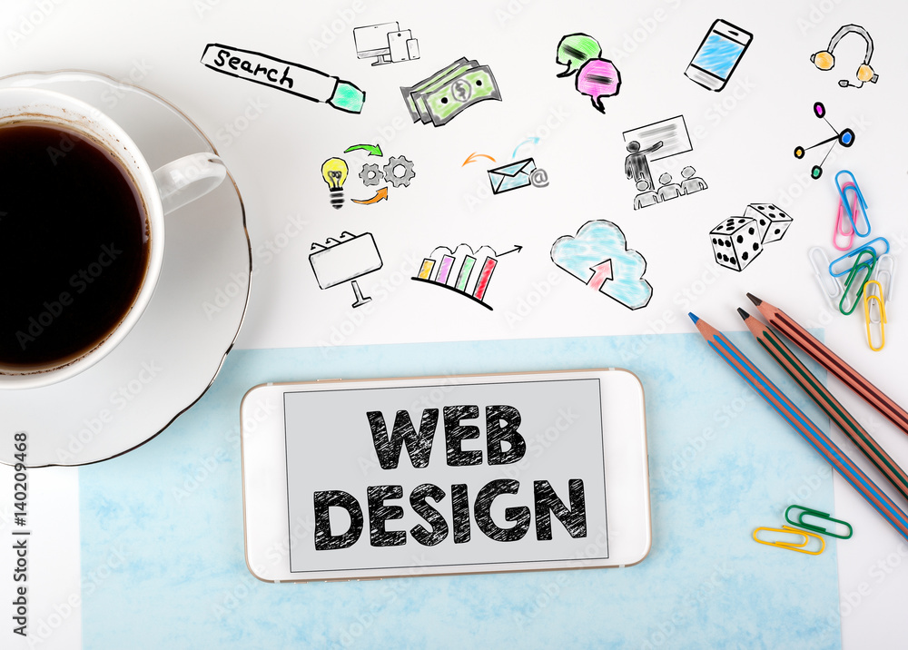 Wall mural web design concept. mobile phone and coffee cup on a white office desk.