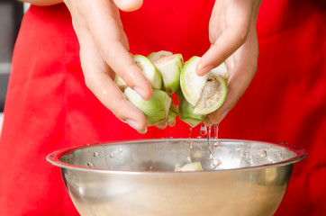 Sliced aubergine soak in water prepare for cooking