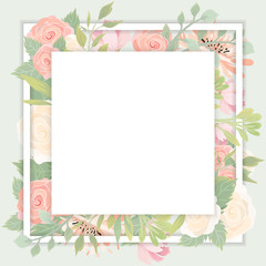 Template with flowers. Vector frame with roses and other flowers