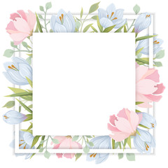 Template with flowers. Vector frame with blue and pink flowers