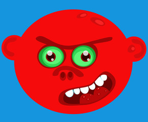 Cartoon ugly red monster face on blue background.