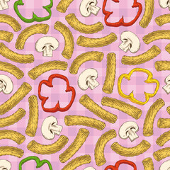 Mushroom Slices, Pepper and Pasta Seamless Pattern
