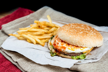 Cheese burger - American cheese burger with Golden French fries