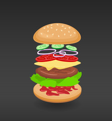 tasty floating burger ingredients on black background