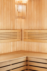 Interior of wooden sauna for relaxation and recovery
