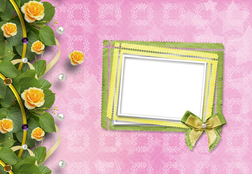 Beautiful greeting card with yellow roses and paper frame