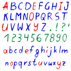 Hand drawn colored alphabet, written cartoon font with capital and lowercase letters, also numbers and punctuation. Isolated on white. Vector illustration