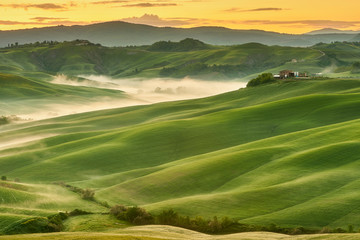 Fresh Green tuscany landscape in spring time - wave hills, cypresses trees, green grass and beautiful blue sky. Tuscany, Italy, Europe