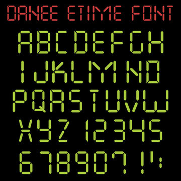 Digital latin alphabet with capital letters and numbers in style of electronic watch. E-time font. Vector illustration