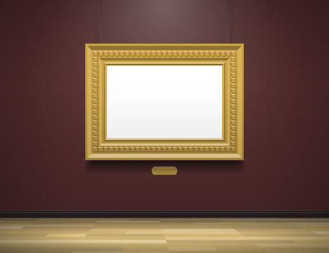 art gallery museum interior with blank golden frame