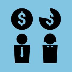 Vector simplified illustration symbolizing gender pay gap. Man and woman icons with a money symbol over them. Square format. Black on a solid blue background.