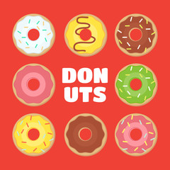 Fototapeta premium Donuts icons with different fillings. Donuts vector