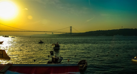 Distant view of Bosphorus Bridge in Istanbul at sunset