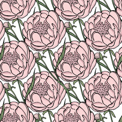 Seamless floral vector pattern peony. Flowers and leaves, can be used as greeting card, invitation card for wedding, birthday and other holiday and summer background.