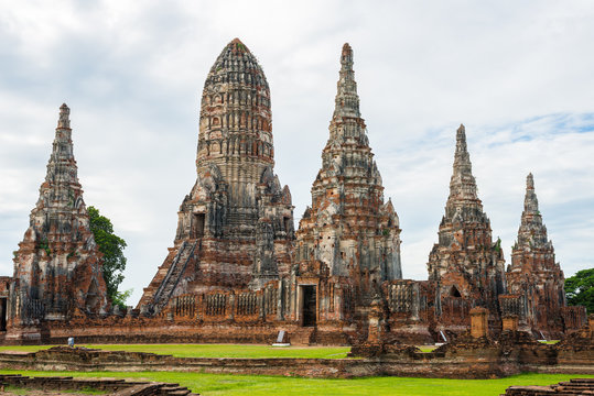 Majestic ruins of 1629 Wat Chai Watthanaram built by King Prasat Tong with its principal Prang (center) representing Mount Meru, the abode of the gods