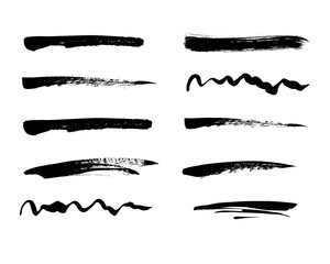 Set of black paint, ink brush strokes, brushes, lines.