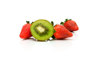 kiwi and fresh strawberries on a white background