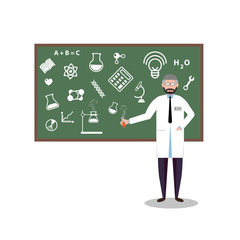  Laboratory research chemical flat style design  illustration science for technology concept. Collage of laboratory staff with flask interior infographics.