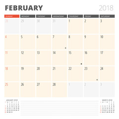 Calendar Planner for February 2018. Design Template. Week Starts on Sunday. 3 Months on the Page