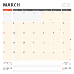 Calendar Planner for March 2018. Design Template. Week Starts on Sunday. 3 Months on the Page