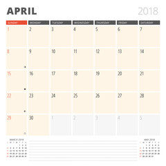 Calendar Planner for April 2018. Design Template. Week Starts on Sunday. 3 Months on the Page