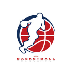 Basketball tournament logo. Silhouette of basketball player dribbling the ball isolated on white background.