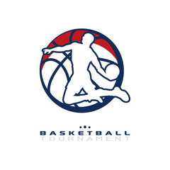 Basketball tournament logo. Silhouette of basketball player jump isolated on white background.
