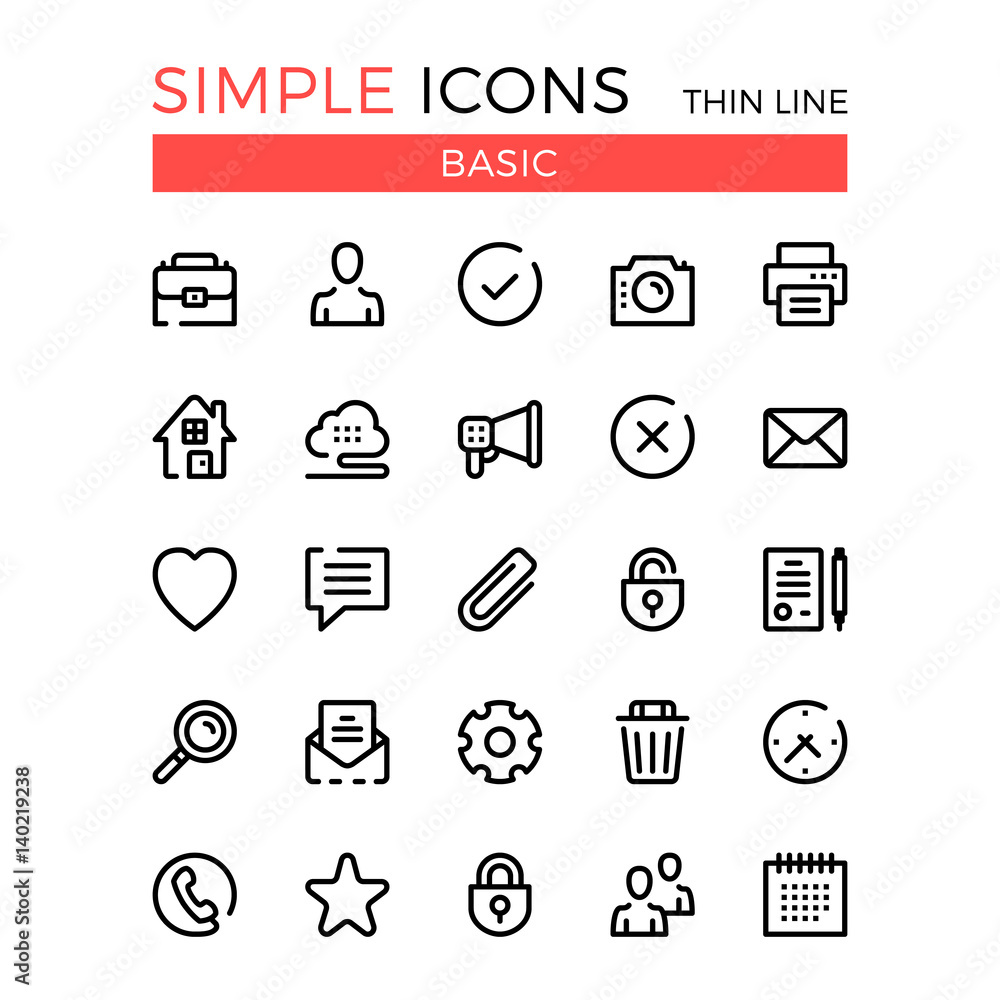 Poster basic business, internet web interface linear concepts, vector thin line icons set. 32x32 px. modern