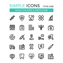 Healthcare, medicine, medical services vector thin line icons set. 32x32 px. Line graphic design for websites, interface, web design, mobile app, infographics. Pixel perfect vector outline icons set
