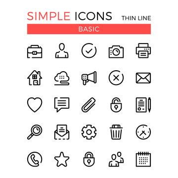 Basic business, internet web interface linear concepts, vector thin line icons set. 32x32 px. Modern line graphic design for website, web design, infographics. Pixel perfect vector outline icons set