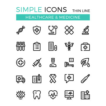 Healthcare, medicine, medical services vector thin line icons set. 32x32 px. Line graphic design for websites, interface, web design, mobile app, infographics. Pixel perfect vector outline icons set