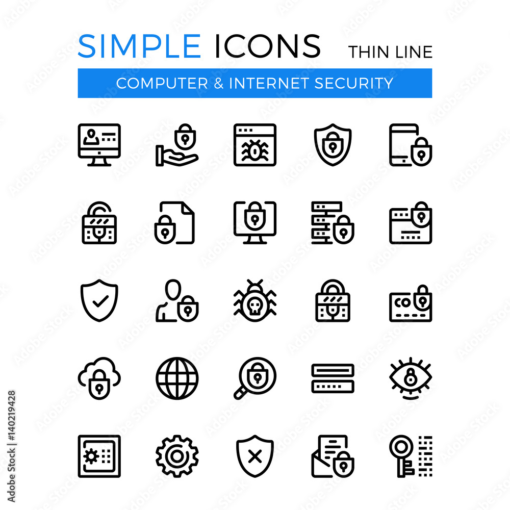 Poster internet security, cybersecurity, computer protection vector thin line icons set. 32x32 px. line gra