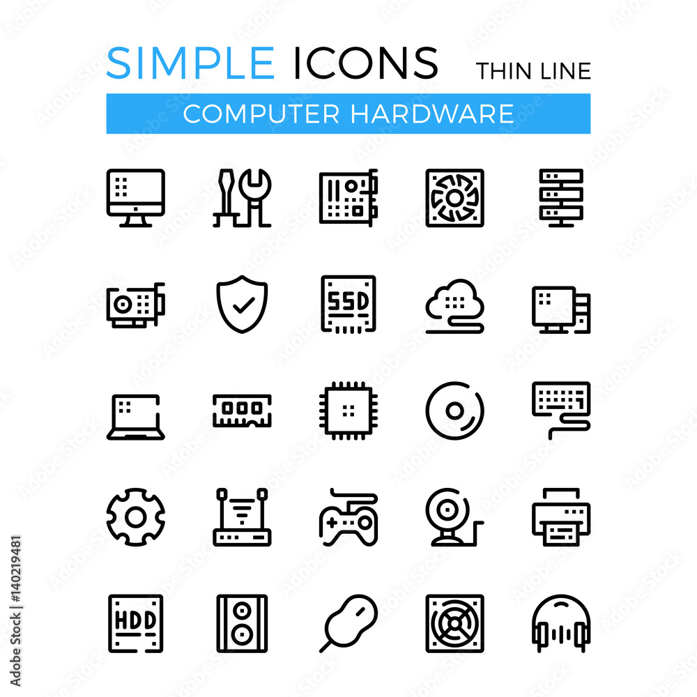 Poster computer hardware, pc parts and components vector thin line icons set. 32x32 px. modern line graphic