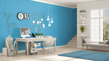 Home workplace, scandinavian white and blue room, corner office, classic minimalist interior design