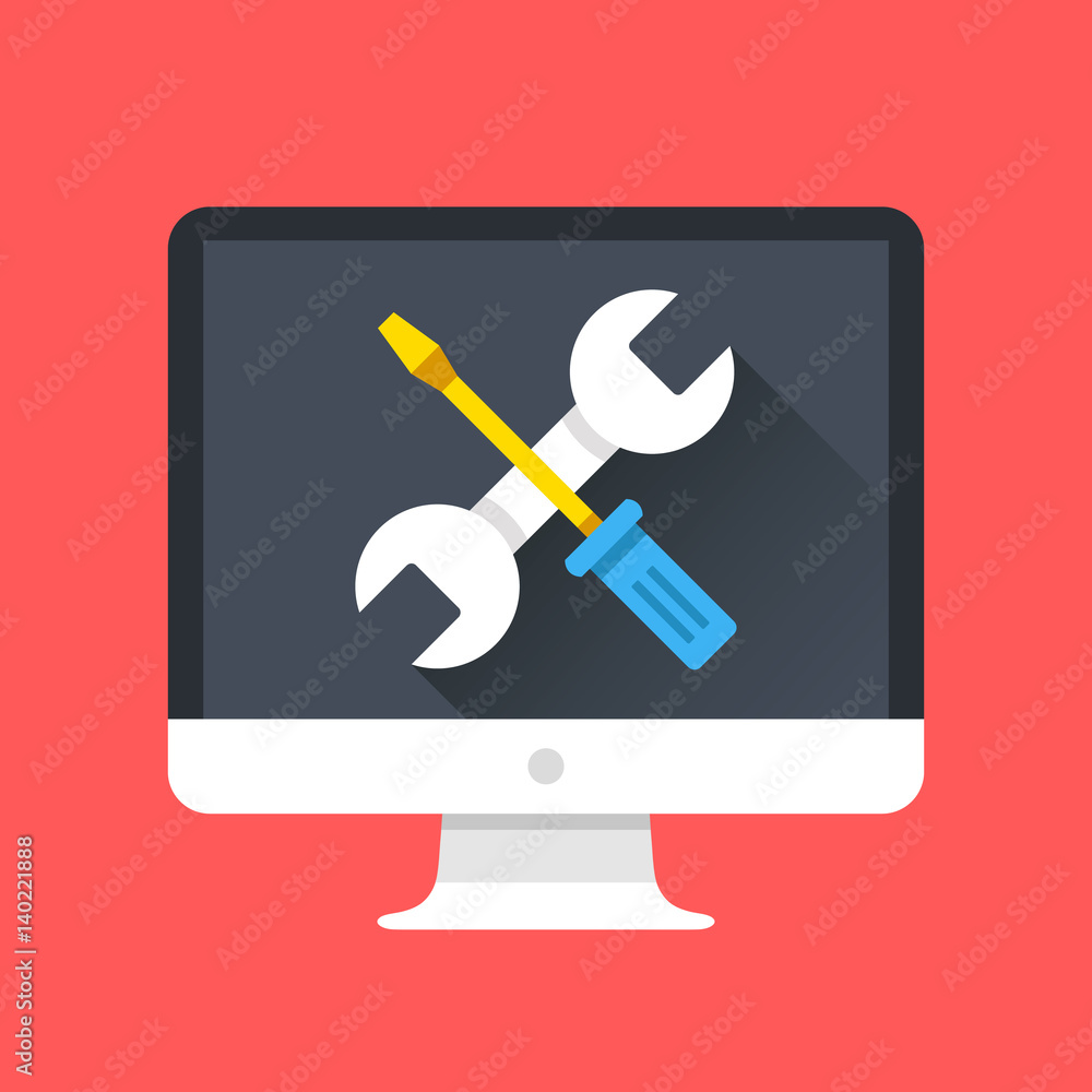 Poster computer icon with wrench and screwdriver on screen. computer repair services, technical support con