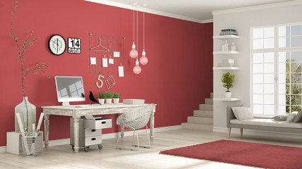Home workplace, scandinavian white and red room, corner office, classic minimalist interior design