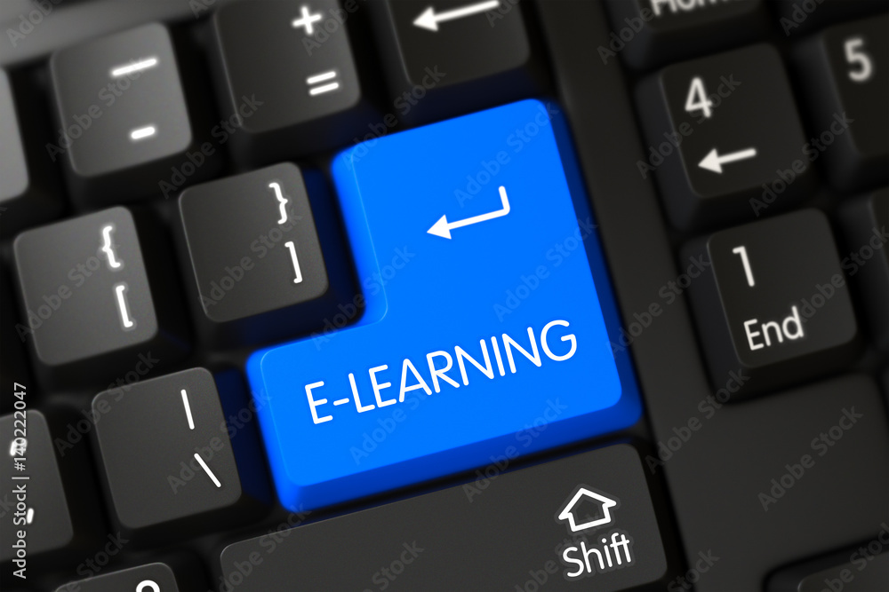 Poster blue e-learning keypad on keyboard. 3d.
